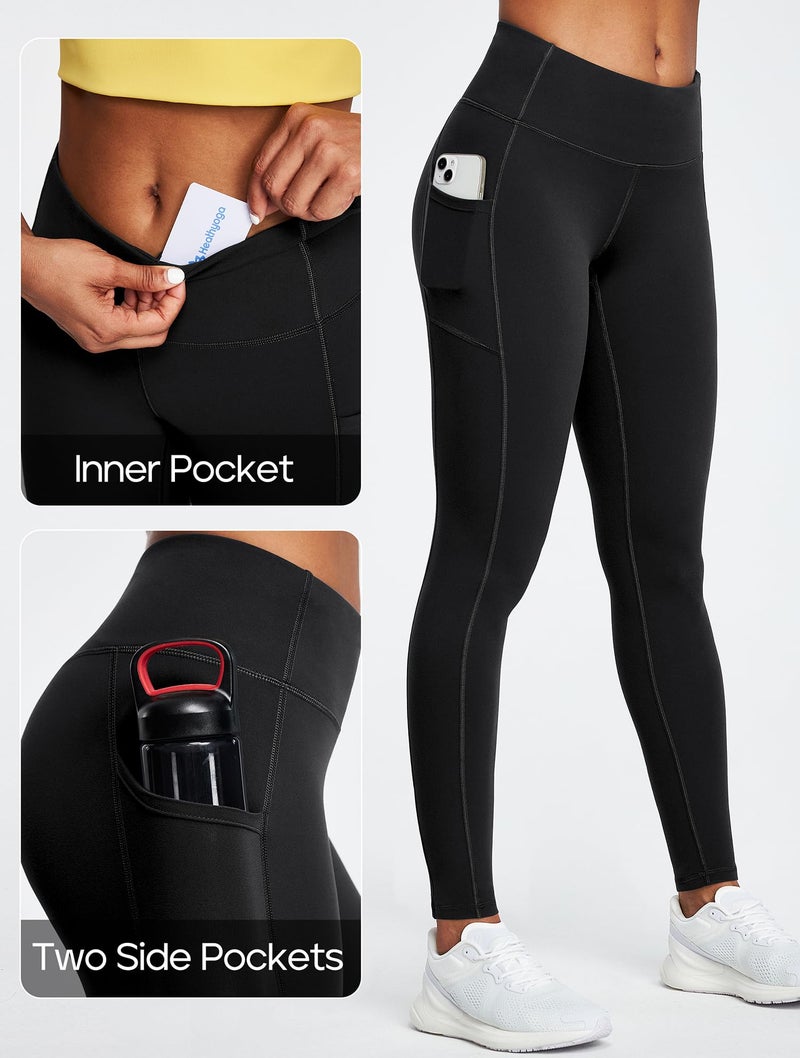 Heathyoga Leggings with Pockets for Women Tummy Control High Waisted Yoga Pants with Pockets for Women Compression Leggings Black - Image 3